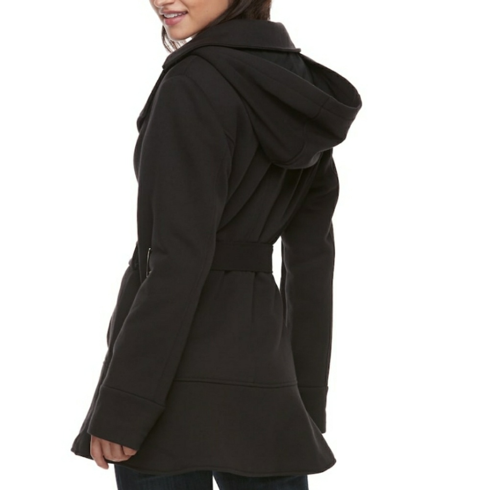 Black Flounce Hooded Peacoat w Belt